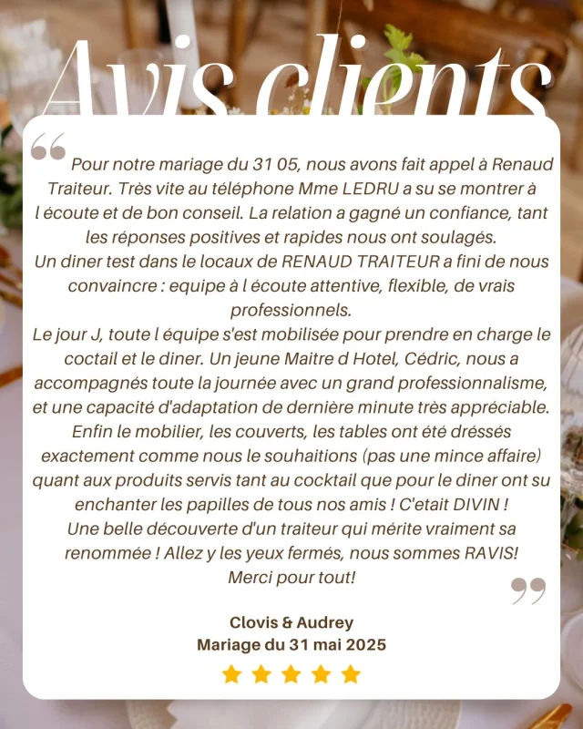 ✨ Un grand merci aux jeunes mariés du 31 mai pour ce magnifique retour d’expérience. ✨

Les Traiteurs de France
#renaudtraiteur #traiteursdefrance #traiteurmariage #mariagesarthe #oui #wedding #mariage #traiteurevenementiel