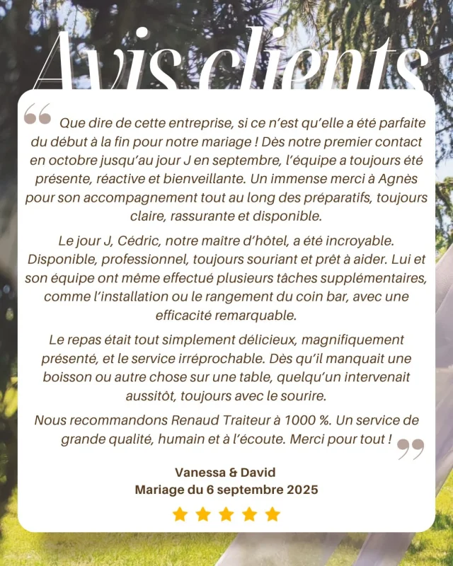 Des mariés heureux, des convives qui se régalent et des sourires plein la salle… Voilà ce qui nous motive chaque jour!
Merci infiniment à nos mariés pour leur message qui nous touche énormément. 
Un moment inoubliable au @domainedelabergerie37 à Braye-sur-Maulne, un lieu plein de charme qui a magnifiquement accueilli cette belle journée.

@les_traiteurs_de_france 
#renaudtraiteur #traiteurevenementiel #traiteurmariage #oui #mariage #temoignageclient